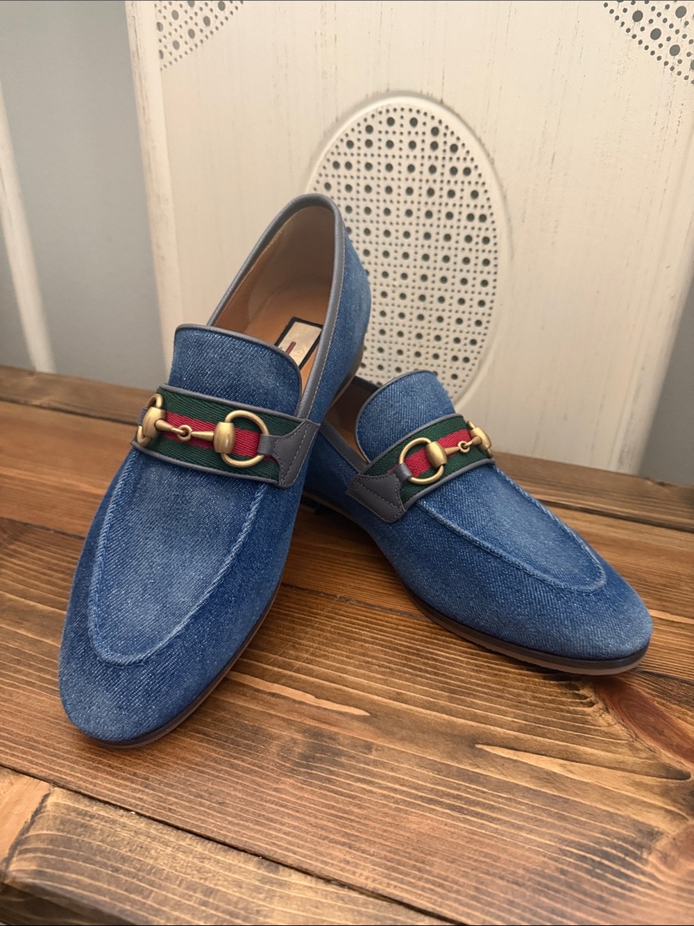 Men's Gucci  Blue Denim Loafers with Signature Horsebit Accent Sz-7.5